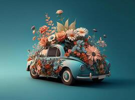 flor decoração enfeites a carro cobrir do uma retro hippie veículo, criando uma deslumbrante floral conceito isso é perfeito para uma Casamento ou romântico amor presente. generativo ai foto