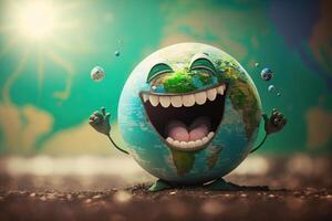 alegre terra personagem rindo em verde fundo, feliz terra dia, mundo riso dia. generativo ai foto