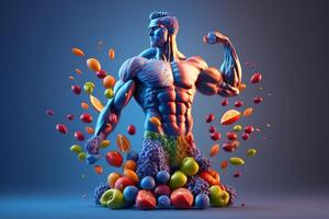 frutas formando uma Forte corpo, homem posando muscular corpo construtor, comendo dieta Comida para digestão. generativo ai foto