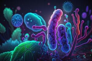 bactérias células debaixo microscópio fundo, bactérias doença epidemia. generativo ai foto
