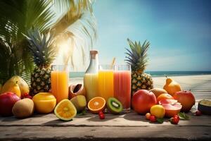 fresco frutas suco em mar e de praia fundo, saudável verão bebida rico dentro vitaminas. criada generativo ai foto