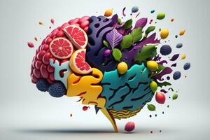 vários frutas formando uma criativo cérebro, comendo saudável Comida Como nutrição para melhorar memória e pensamento. generativo ai foto