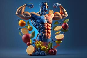 frutas formando uma Forte corpo, homem posando muscular corpo construtor, comendo dieta Comida para digestão. generativo ai foto