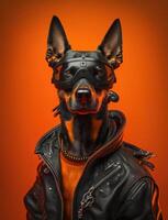 retrato do mau cachorros vestindo Jaqueta em laranja fundo. criada generativo ai foto