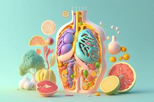 frutas formando uma humano corpo metabolismo e nutrição, comendo dieta Comida para energia e digestão. generativo ai foto