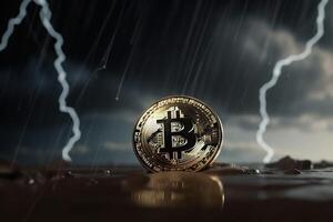 bitcoin com trovão tempestade fundo, criptografia moeda investimento conceito. generativo ai foto