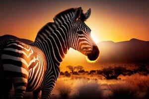 zebra dentro savana africano animais selvagens em pôr do sol fundo, África dia. criada generativo ai foto