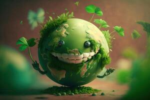 alegre terra personagem rindo em verde fundo, feliz terra dia, mundo riso dia. generativo ai foto