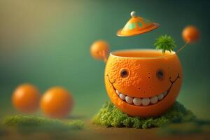 alegre laranja personagem sorridente em verde fundo. criada generativo ai foto