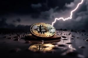 bitcoin com trovão tempestade fundo, criptografia moeda investimento conceito. generativo ai foto