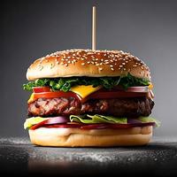 grande saboroso Hamburger com carne bovina, queijo alface, tomate, alface e legumes em Sombrio fundo foto