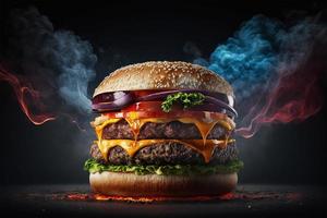 grande Hamburger com fumaça em Preto fundo foto