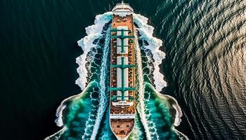 aéreo topo Visão do óleo petroleiro navio Navegando em mar, generativo ai foto