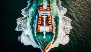 aéreo topo Visão do óleo petroleiro navio Navegando em mar, generativo ai foto