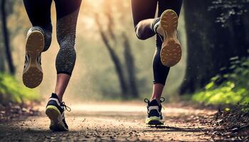 fechar acima pernas do dois corredores corrida dentro parque em nascer do sol , ai generativo foto