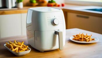 branco ar frigideira ou óleo livre frigideira utensílio em a de madeira mesa dentro a moderno cozinha perto janela, ai generativo foto