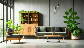 interior do uma bege brincar vivo quarto com sofá, madeira armário, mesa, prateleira e poltrona com polido concreto loft estilo parede, generativo ai foto