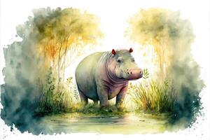 ai gerado fofa hipopótamo dentro a meio do a floresta. hipopótamo aguarela pintura. foto