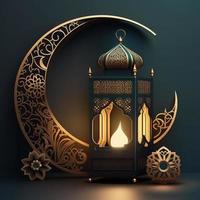 decorativo Ramadã brilhando lanterna, muharram, Ramadã kareem, mawlid, iftar, isra miraj,eid Mubarak dourado luxo lua com Sombrio esverdeado fundo foto