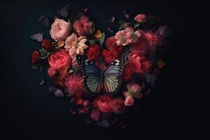 uma dia dos namorados dia coração do flores e borboletas em uma Sombrio plano de fundo criado com generativo ai tecnologia. foto