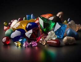 muitos diferente colori gemas em uma Sombrio mesa criada com generativo ai tecnologia. foto