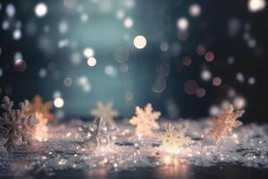 uma lindo Natal fundo com estrelas e flocos de neve e suave bokeh luzes criada com generativo ai tecnologia. foto