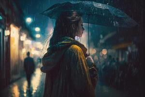 uma jovem mulher com a guarda-chuva anda em dentro uma moderno cidade às noite e pesado chuva criada com generativo ai tecnologia. foto