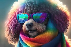 uma fofa poodle com uma cachecol dentro regra Folha cores e oculos de sol criada com generativo ai tecnologia. foto