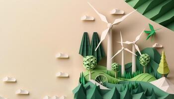 verde renovável energia poster com vento turbinas e papel arte natural paisagens, reduzido co2 emissão de ano 2050, generativo ai foto