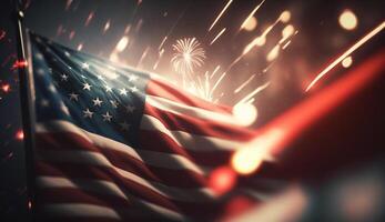 independência dia EUA bandeira com uma bandeira em Sombrio fundo com fogos de artifício ai gerado foto