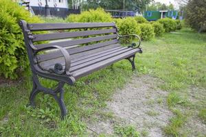 de madeira Banco dentro uma verão parque. foto