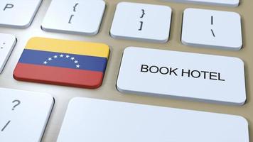 livro hotel dentro Venezuela com local na rede Internet on-line. botão em computador teclado. viagem conceito 3d animação. livro hotel texto e nacional bandeira. 3d ilustração foto