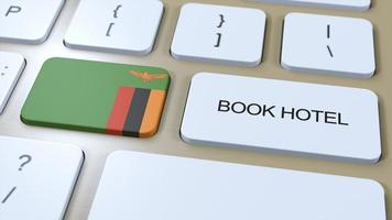 livro hotel dentro Zâmbia com local na rede Internet on-line. botão em computador teclado. viagem conceito 3d animação. livro hotel texto e nacional bandeira. 3d ilustração foto