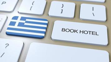 livro hotel dentro Grécia com local na rede Internet on-line. botão em computador teclado. viagem conceito 3d animação. livro hotel texto e nacional bandeira. 3d ilustração foto