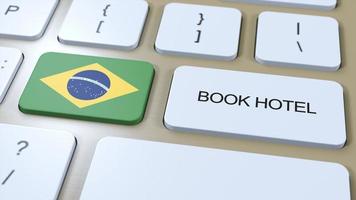 livro hotel dentro Brasil com local na rede Internet on-line. botão em computador teclado. viagem conceito 3d animação. livro hotel texto e nacional bandeira. 3d ilustração foto