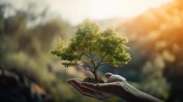 artístico mãos abraço da natureza beleza segurando árvore sobre borrado fundo foto