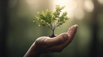 artístico mãos abraço da natureza beleza segurando árvore sobre borrado fundo foto