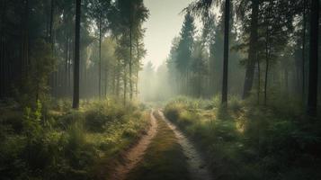 nebuloso caminho através a floresta ,pôr do sol dentro uma Sombrio floresta com raios do luz passagem através a árvores foto