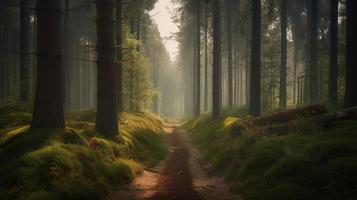 nebuloso caminho através a floresta ,pôr do sol dentro uma Sombrio floresta com raios do luz passagem através a árvores foto