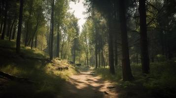 nebuloso caminho através a floresta ,pôr do sol dentro uma Sombrio floresta com raios do luz passagem através a árvores foto