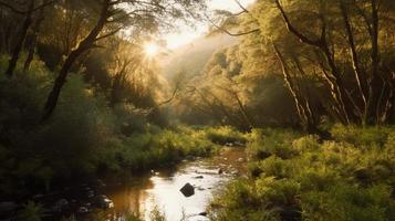 uma pacífico floresta compensação banhado dentro caloroso luz solar, cercado de alta árvores e exuberante folhagem, com uma □ Gentil corrente escorrendo através a vegetação rasteira e uma distante montanha alcance visível foto