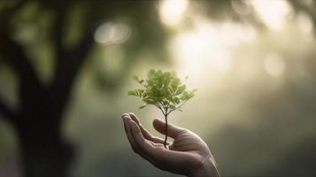 artístico mãos abraço da natureza beleza segurando árvore sobre borrado fundo foto