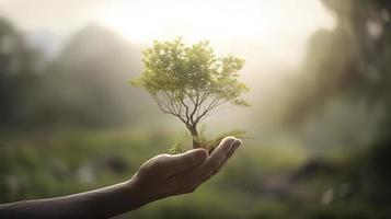 artístico mãos abraço da natureza beleza segurando árvore sobre borrado fundo foto