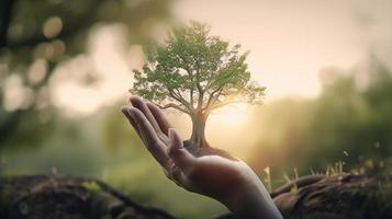 artístico mãos abraço da natureza beleza segurando árvore sobre borrado fundo foto