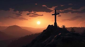 montanha majestade artístico silhueta do crucifixo Cruz contra pôr do sol céu foto