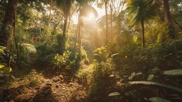 uma pacífico floresta compensação banhado dentro caloroso luz solar, cercado de alta árvores e exuberante folhagem, com uma □ Gentil corrente escorrendo através a vegetação rasteira e uma distante montanha alcance visível foto