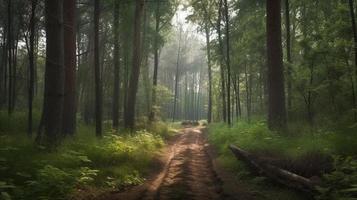 nebuloso caminho através a floresta ,pôr do sol dentro uma Sombrio floresta com raios do luz passagem através a árvores foto