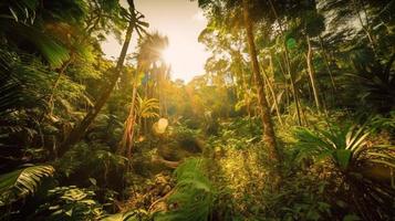 uma pacífico floresta compensação banhado dentro caloroso luz solar, cercado de alta árvores e exuberante folhagem, com uma □ Gentil corrente escorrendo através a vegetação rasteira e uma distante montanha alcance visível foto