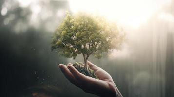 artístico mãos abraço da natureza beleza segurando árvore sobre borrado fundo foto