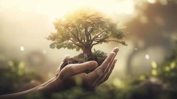 artístico mãos abraço da natureza beleza segurando árvore sobre borrado fundo foto